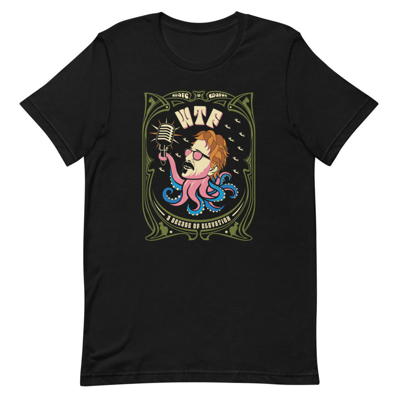 Black graphic t-shirt featuring an octopus with a human head holding a microphone with colorful text reading 'WTF' and 'Decade Of Elevation.'