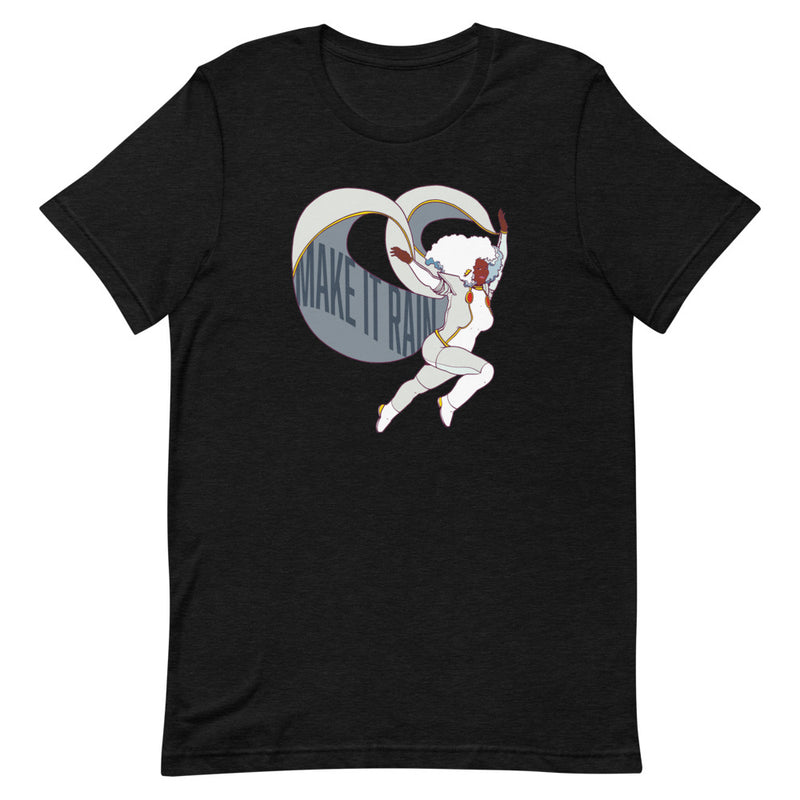 Black t-shirt featuring illustrated character in dynamic pose with text design saying 'Make It Rain.'