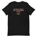 Black t-shirt with a quote about self-care and a reference to 'Freakonomics Radio Network.'