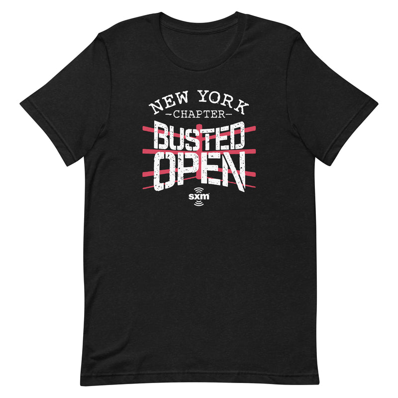 Black t-shirt featuring 'New York Chapter Busted Open' design with white and red text