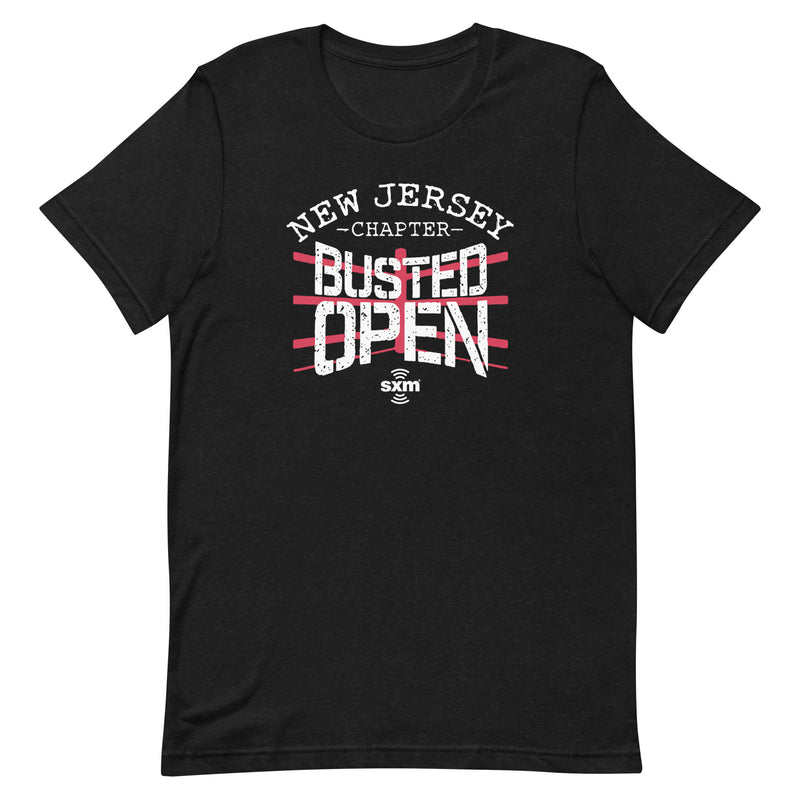 Black t-shirt featuring 'New Jersey Chapter Busted Open' design with red stripes and 'SXM' logo.