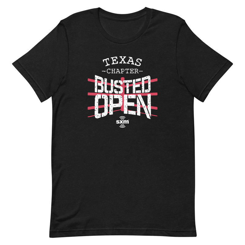 Black t-shirt featuring 'Texas Chapter Busted Open' graphic and 'SXM' logo