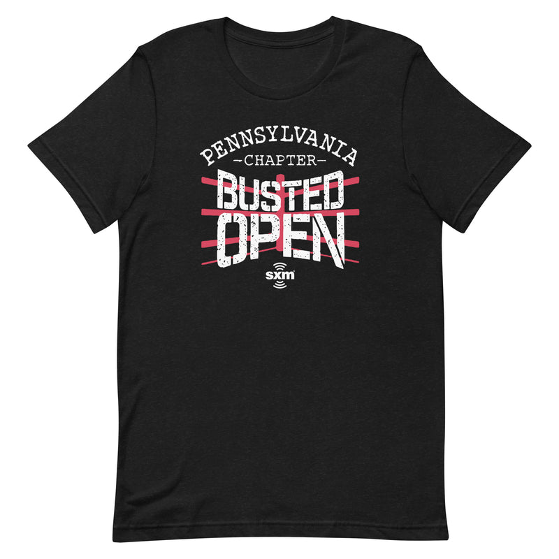 Black t-shirt featuring the text 'Pennsylvania Chapter Busted Open' with red accents and sxm logo.