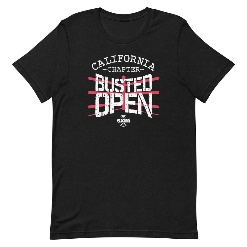 Black t-shirt featuring 'California Chapter' design with text 'Busted Open' and 'SXM' logo