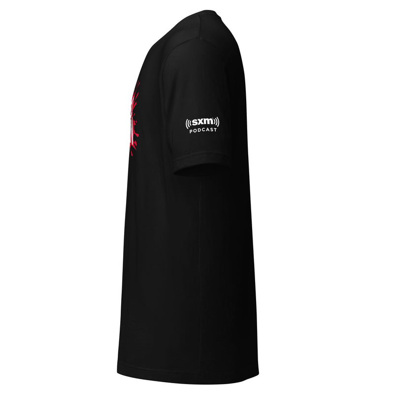 Side view of black t-shirt with white 'SXM Podcast' logo on the sleeve.