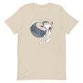 Cream colored t-shirt featuring illustrated character in dynamic pose with text design saying 'Make It Rain.'