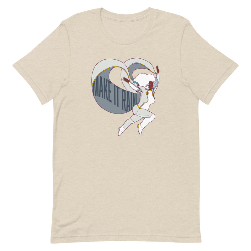 Cream colored t-shirt featuring illustrated character in dynamic pose with text design saying 'Make It Rain.'