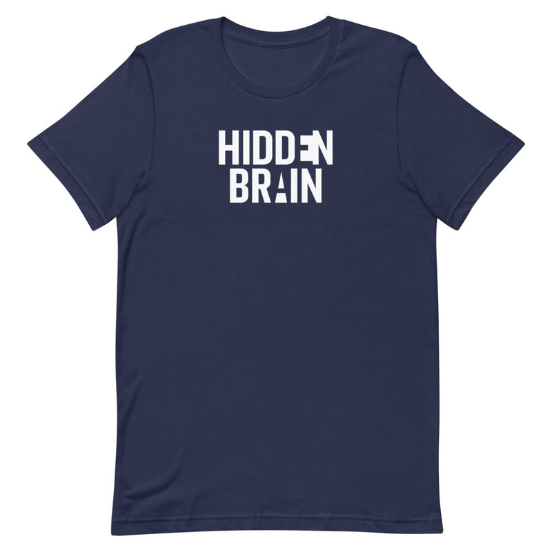 navy t-shirt with the text 'HIDDEN BRAIN' printed in white