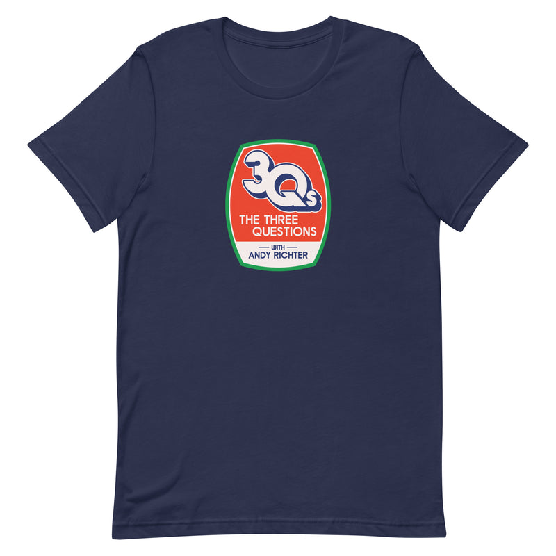 Navy t-shirt featuring '3Qs The Three Questions with Andy Richter' graphic design on the front.