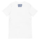 white t-shirt with 'Hidden Brain' logo printed on the back in navy blue