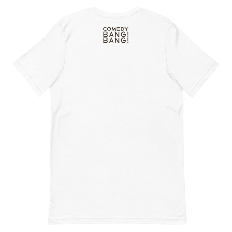 White t-shirt featuring the text 'Comedy Bang! Bang!' on the back.