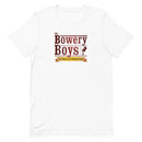 White t-shirt featuring the 'Bowery Boys' logo with the text 15 Years of Podcasting.