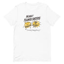 design of a white t-shirt featuring a smiling hamburger and text 'Many Hamburgers to You Comedy Bang! Bang!'
