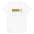 White t-shirt with orange, green, and blue stripes and text that reads 'Conan O'Brien Needs A Friend.'
