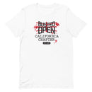 White t-shirt featuring 'Busted Open California Chapter EST. 2009' text in red and black graphics.