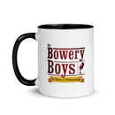 Ceramic mug with black handle featuring 'Bowery Boys' podcast logo and text celebrating 15 years of podcasting.