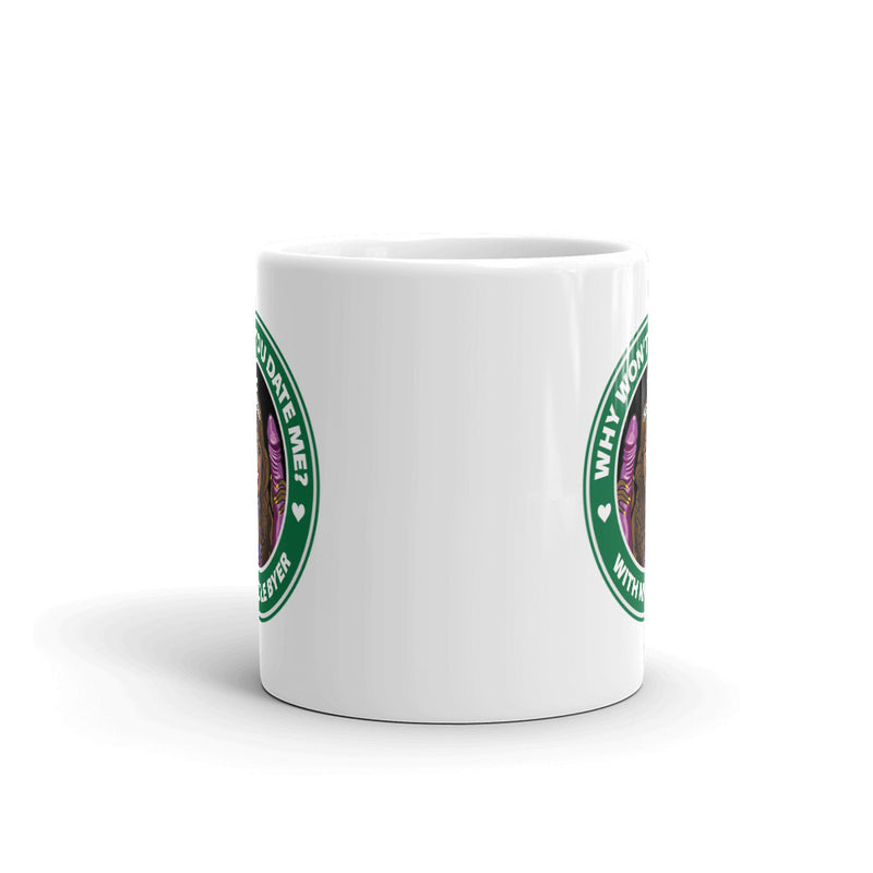 Side view of illustrated mug partially featuring front and back designs.