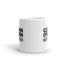 White mug, view opposite handle. 