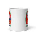 Side of white ceramic mug featuring partial views of the 'The Three Questions with Andy Richter' logos on front and back.