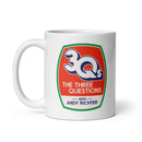 White mug featuring the logo for 'The Three Questions with Andy Richter' with handle on left side.