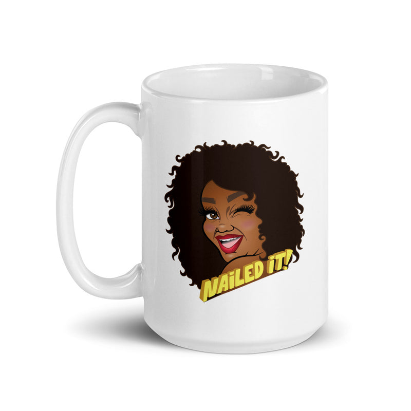 Backside of white mug featuring cartoon illustration of a smiling woman with curly hair and the text 'Nailed It!'