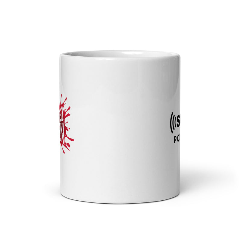 Side view of white mug partially featuring front and back designs. 