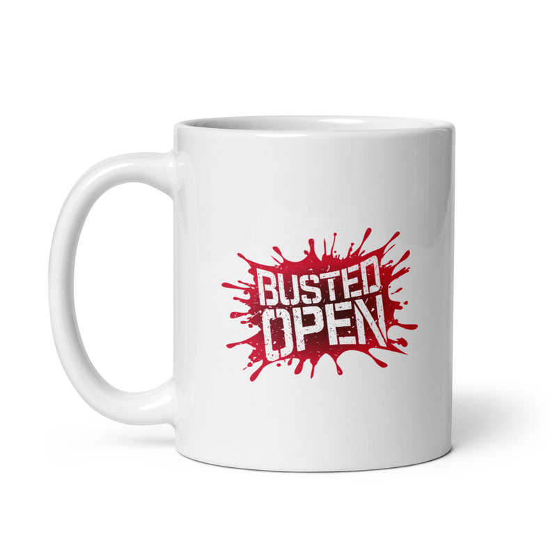 White mug with red splash design featuring the text 'BUSTED OPEN.'