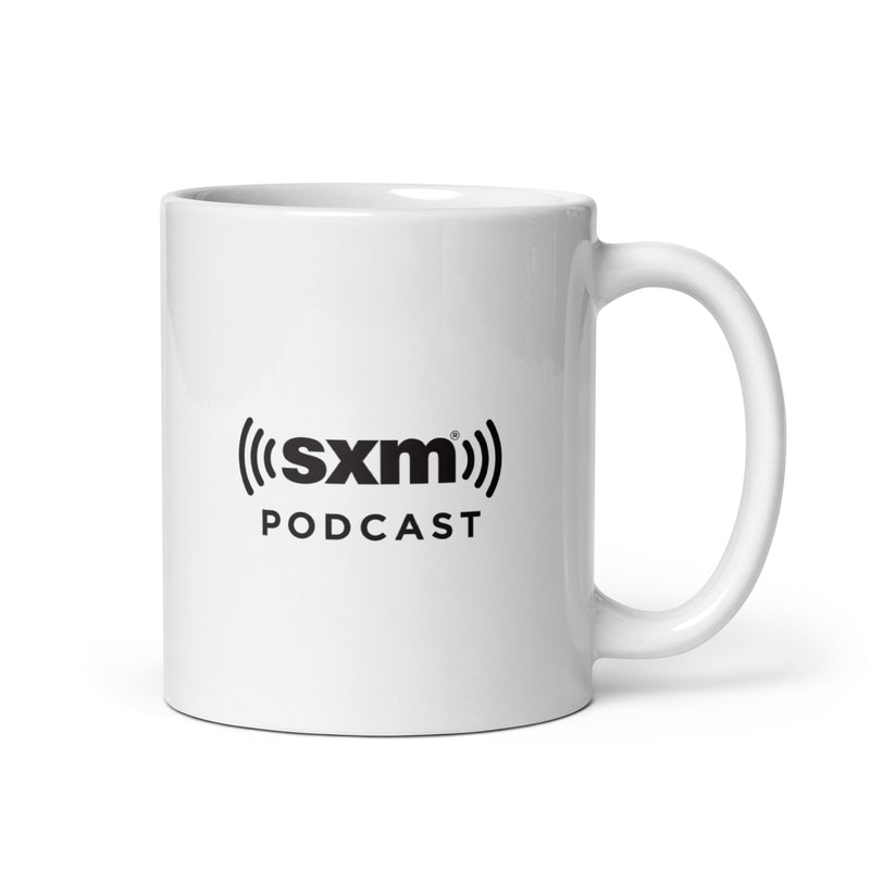 Back side of white mug with 'sxm podcast' logo printed.