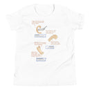 White t-shirt featuring illustrations and text on the concepts of flexibility, stability, and tooth adaptability in design.